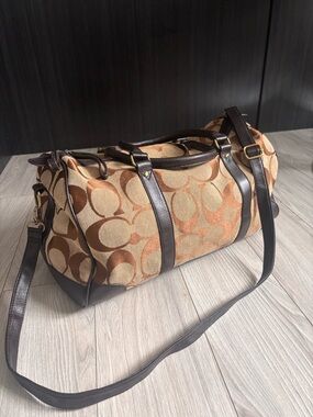 Coach Canvas Duffle/Travel Bag in Tan and Brown w/leather trim